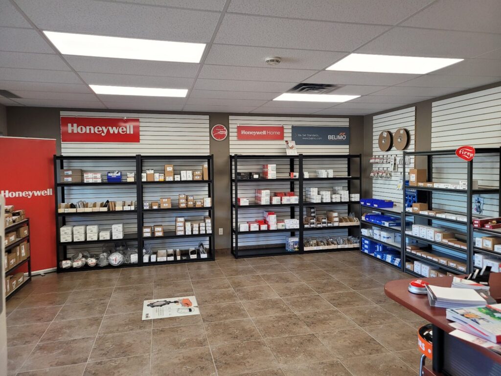 Honeywell and Belimo control product displays in the showroom at the Canada Controls branch in Regina, Saskatchewan