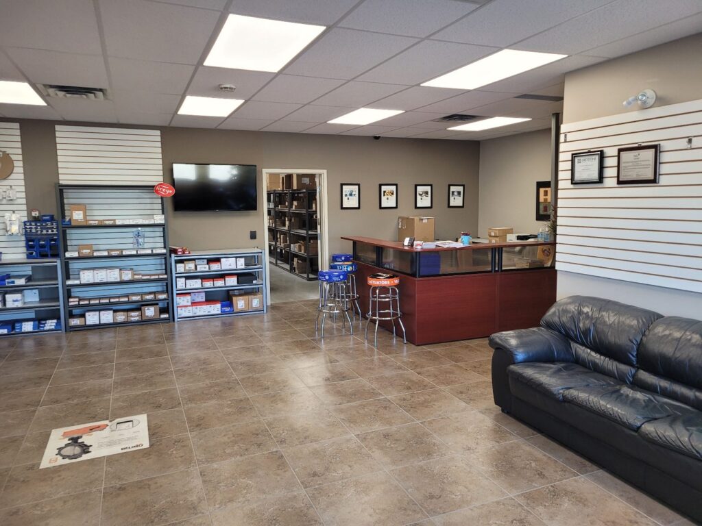 Showroom and sales counter at the Canada Controls building automation branch in Regina, Saskatchewan, with control product displays