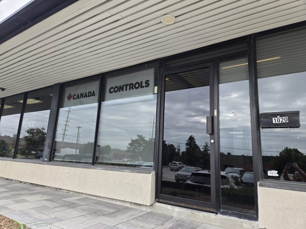 Storefront entrance at Unit 3, 1020 Brevik Place, the Canada Controls head office and GTA branch in Mississauga, Ontario