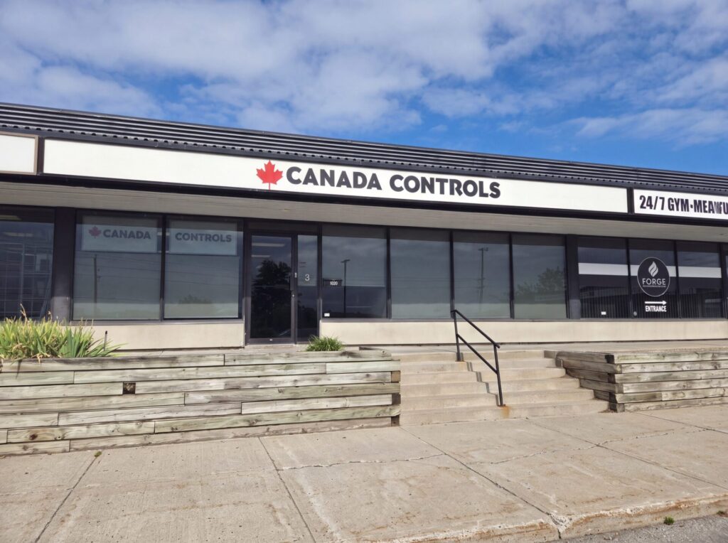 Exterior signage at the Canada Controls head office and GTA branch at 1020 Brevik Place in Mississauga, Ontario
